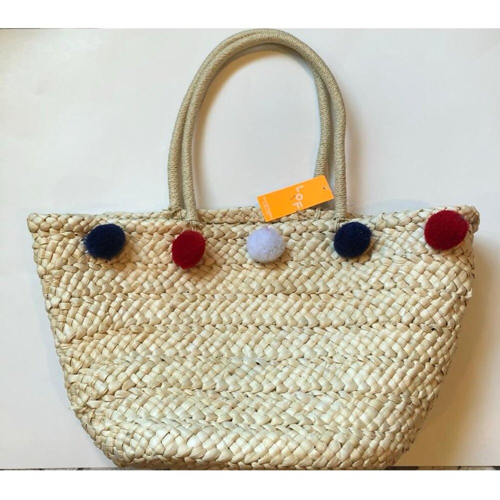 Love of Fashion,  Straw Beach Bag, Tote Bag, w/Red White & Blue PomPoms, NWT